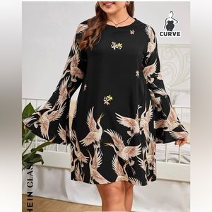 NWOT-SHEIN Clasi Plus Crane Print Flounce Sleeve Dress